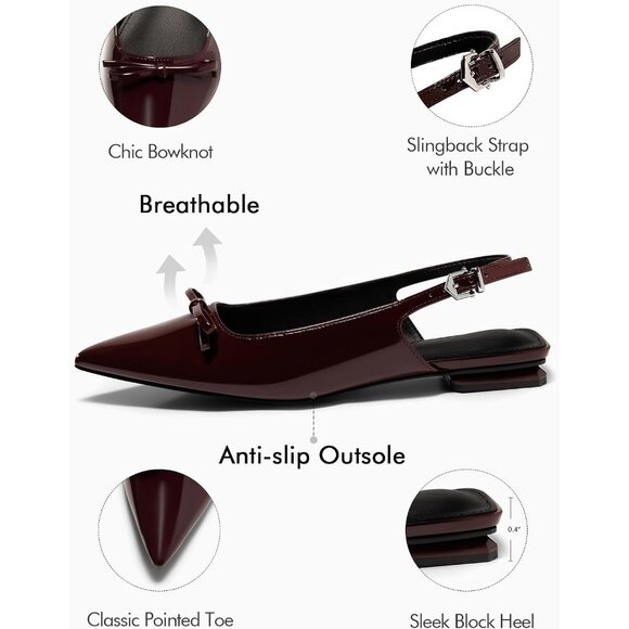 Women's Red Slingback Flats Bow Slip on Dress Shoes Buckle Comfortable Shoes - Picture 5 of 5